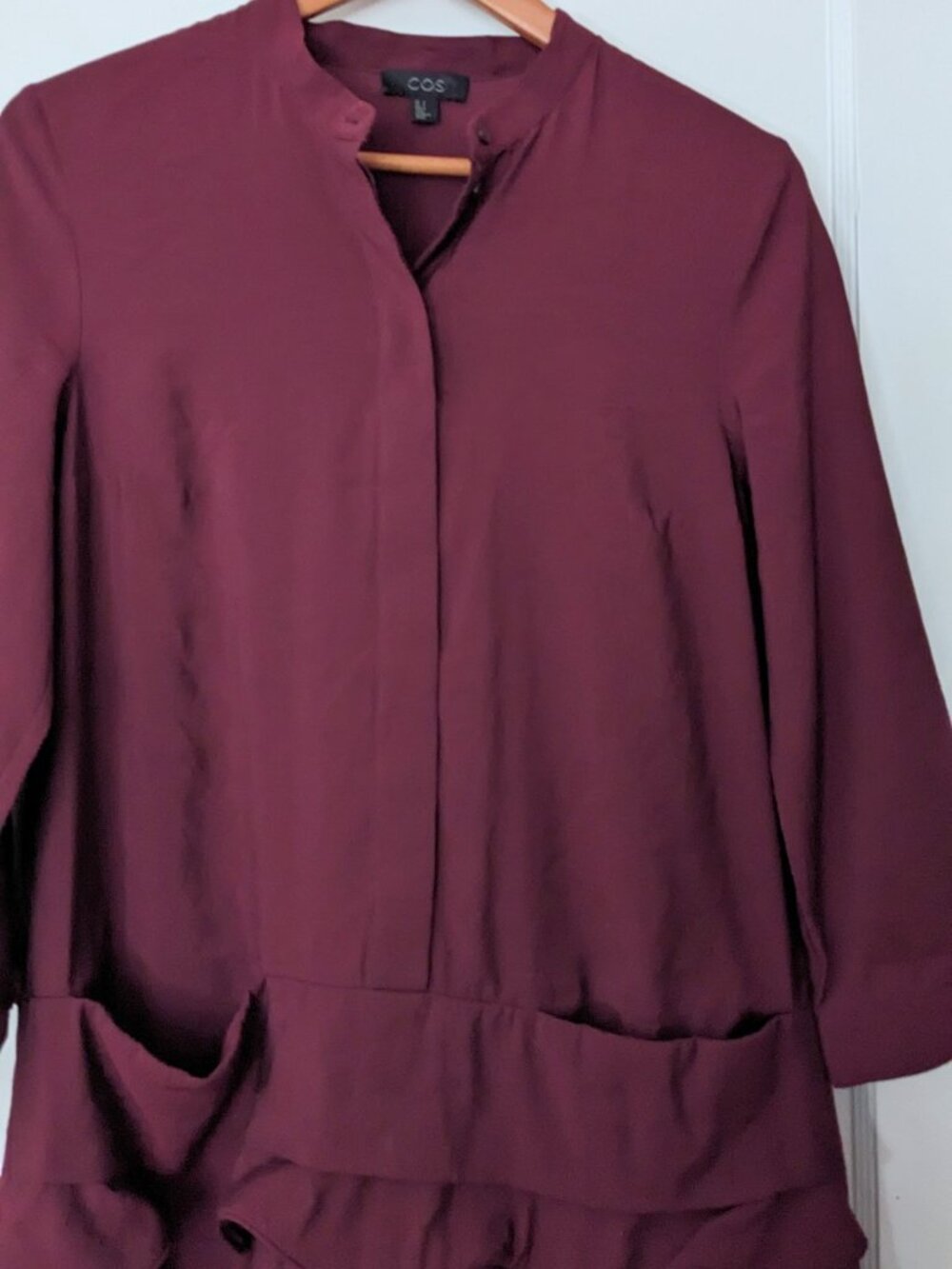 COS Scalloped Trim Layered Ruffle Mini Dress Long Sleeve Pocket Burgundy Size 6 - Picture 5 of 11